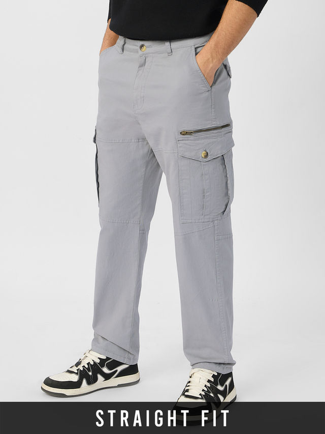 The Souled Store Men's Solids Cargo Pants | Grey - 30