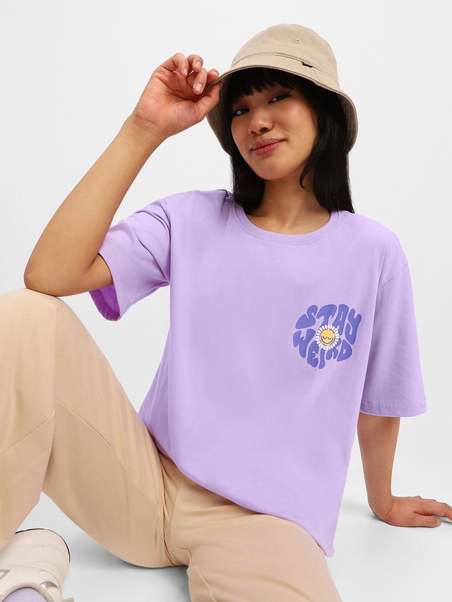 Juneberry Women T-shirt - Purple | Pocket Print, Oversized Fit | S
