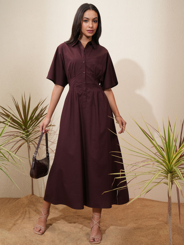 Tokyo Talkies Women's Fit and Flare Regular Sleeves Midi Dress | Brown - XL