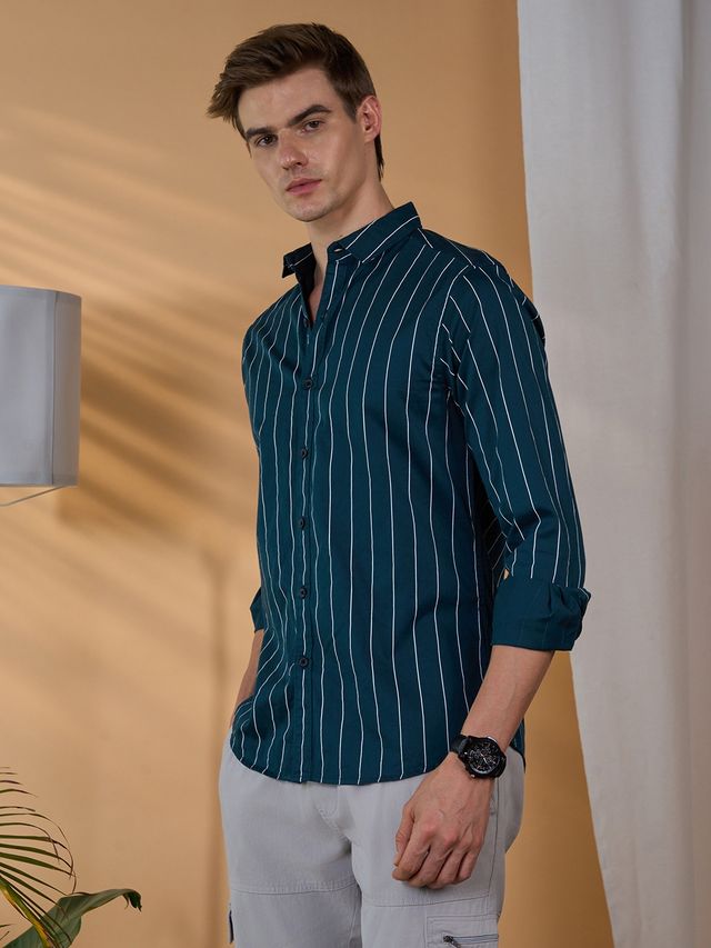Dennis Lingo Men's Striped Slim Fit Casual Full Sleeve Shirt | Turquoise | S