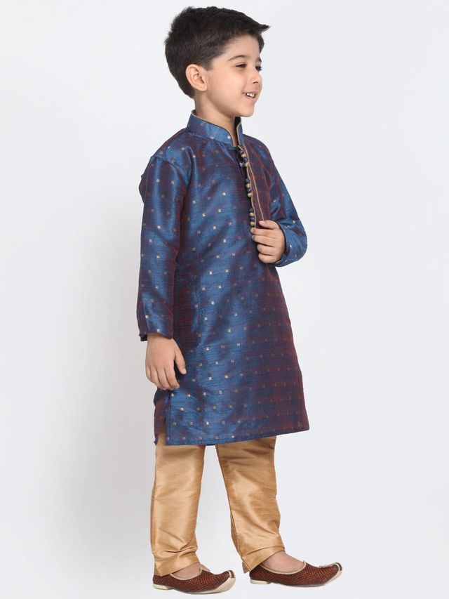 Vastramay Boy's Silk Blend Kurta Pyjama Set | Persian Blue & Rose Gold - 9 to 10 years