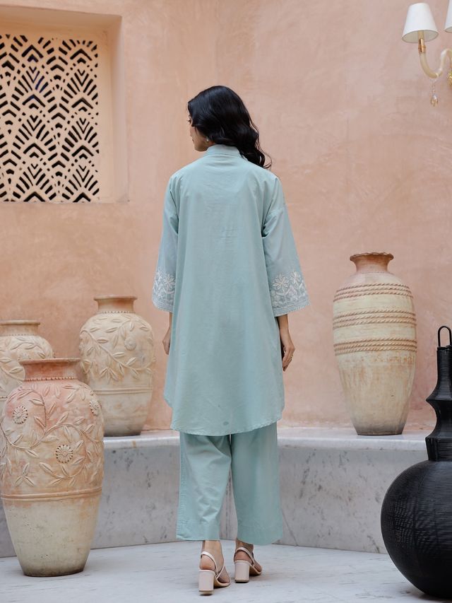 Buy Rangdeep Embroidered Pure Cotton Top With Trouser | Turquoise