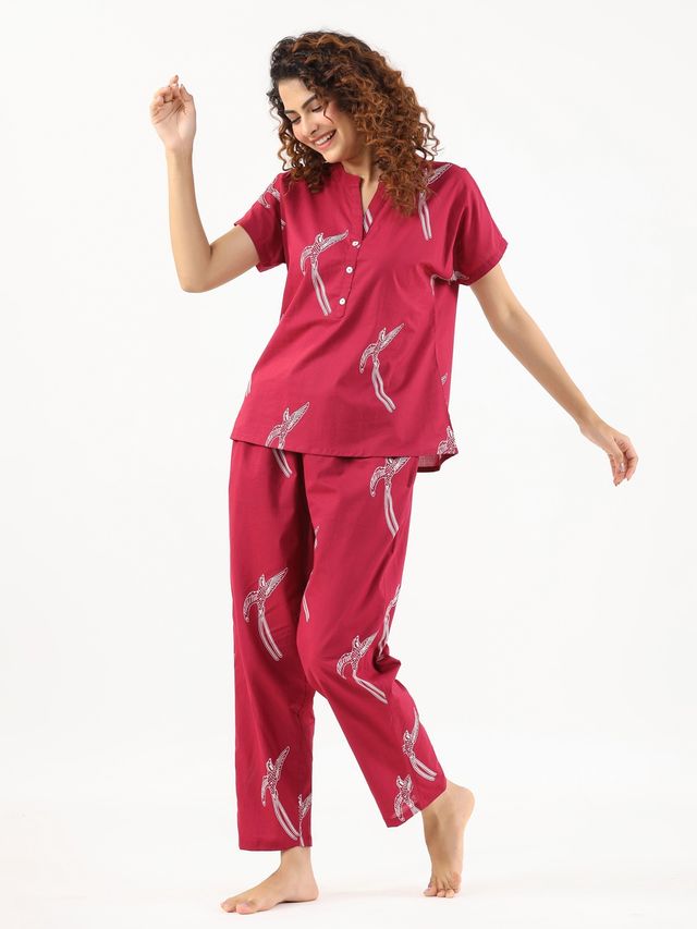 Sanskrutihomes Conversational Printed Mandarin Collar Pure Cotton Night Suit | Magenta - L