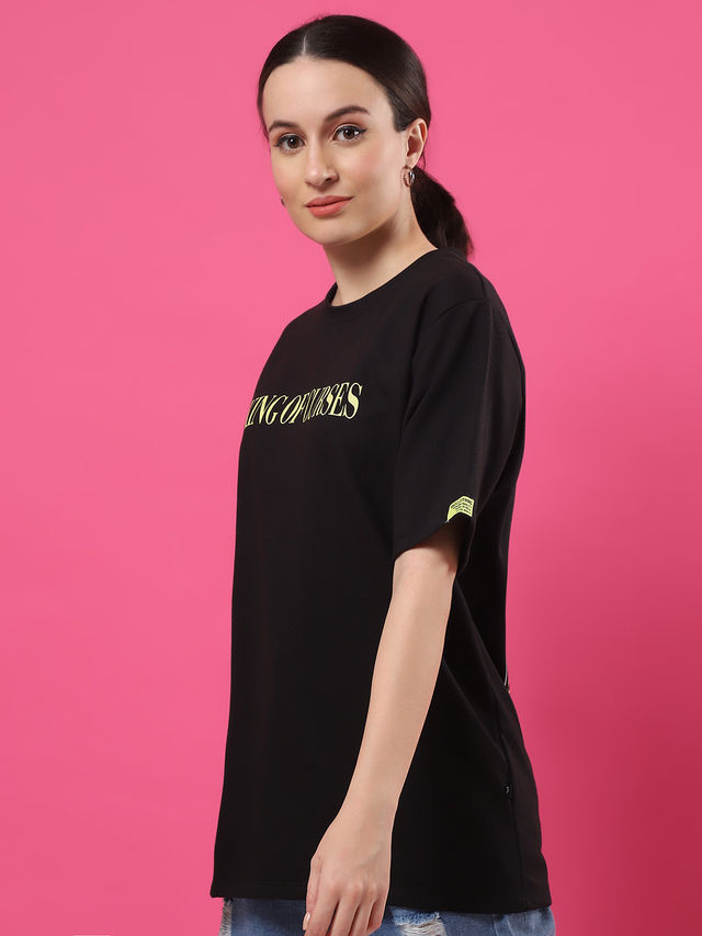 Rigo Women Terry Oversized Printed T-shirt | Black - L
