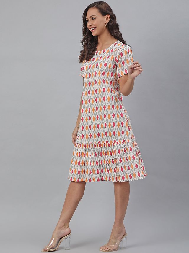 Janasya Women's Off White Pure Cotton Printed A-line Western Dress - 2XL
