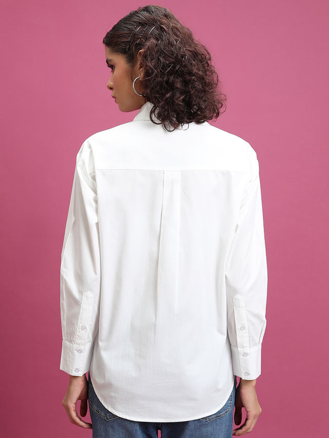 Tokyo Talkies Women's Slim Fit Drop-Shoulder Sleeves Cotton Oversized Shirt | White - XL