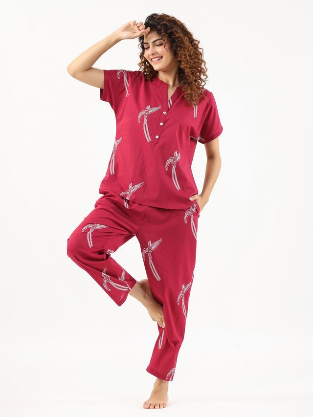 Sanskrutihomes Conversational Printed Mandarin Collar Pure Cotton Night Suit | Magenta - L