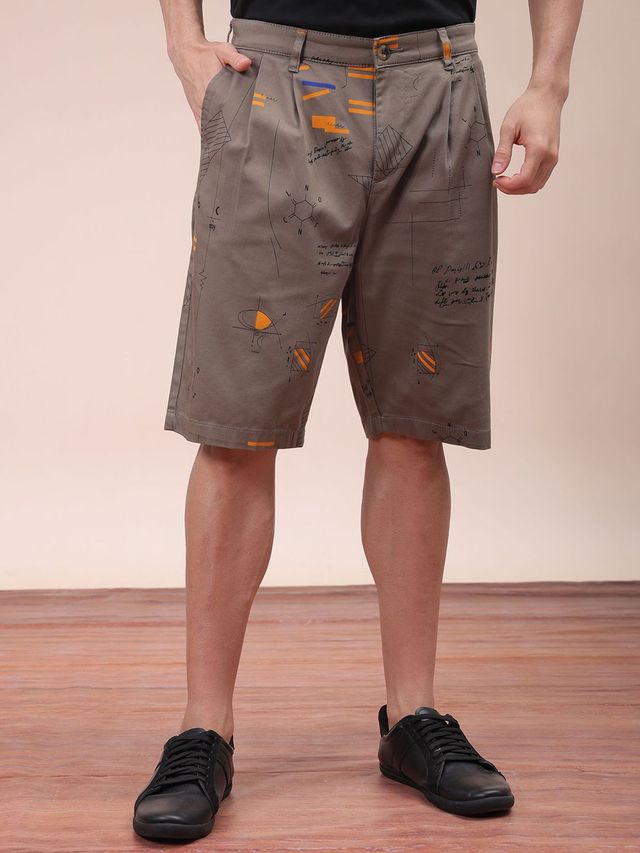 The Indian Garage Co Men s | Relaxed Fit Face Print Casual Pleated Shorts | Vetiver | 30