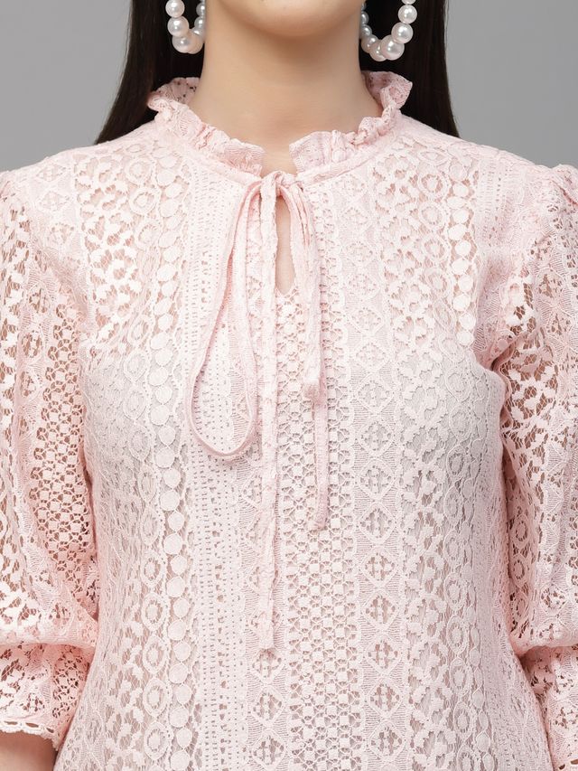 Style Quotient Women Peach Self Design Lace Regular Smart Casual Top | M | SS23SQSIKKIM - Peach