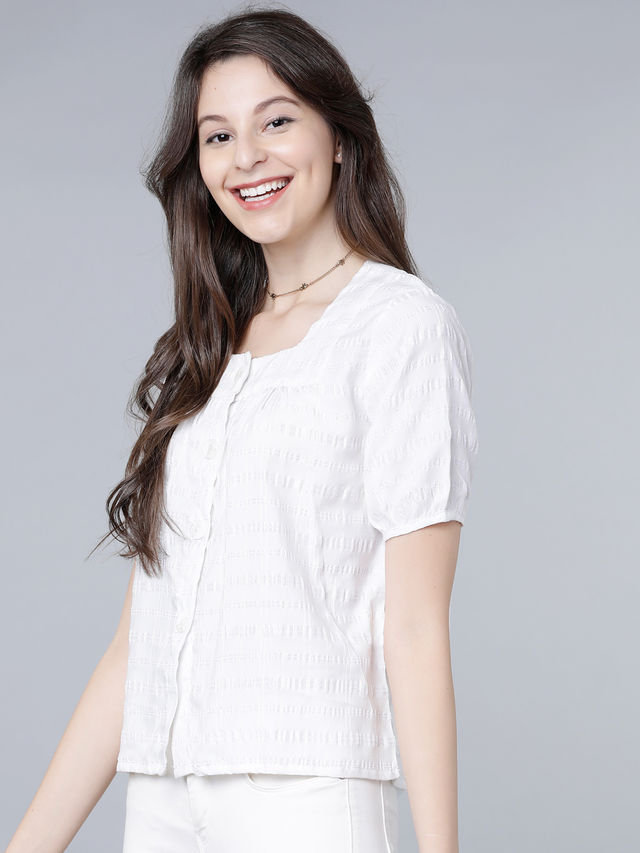 Tokyo Talkies Women's Self Design Casual Top | White - L