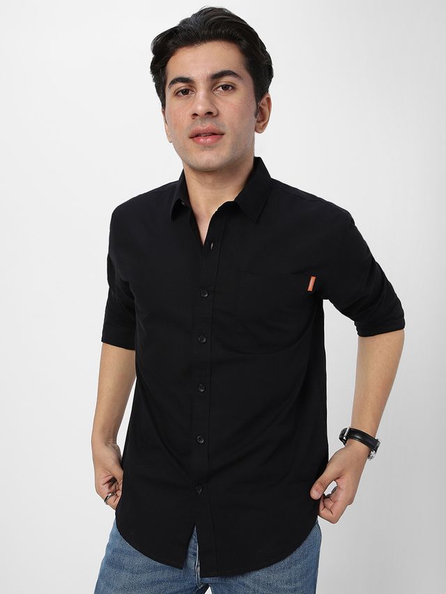 Urbano Fashion Men's Regular Fit Casual Solid Full Sleeve Cotton Shirt | Black - M
