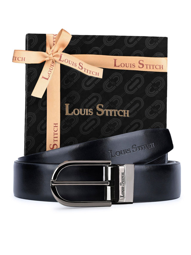 Louis Stitch Men's Solid Genuine Leather Reversible Belt | Black and Brown - 44 Inches