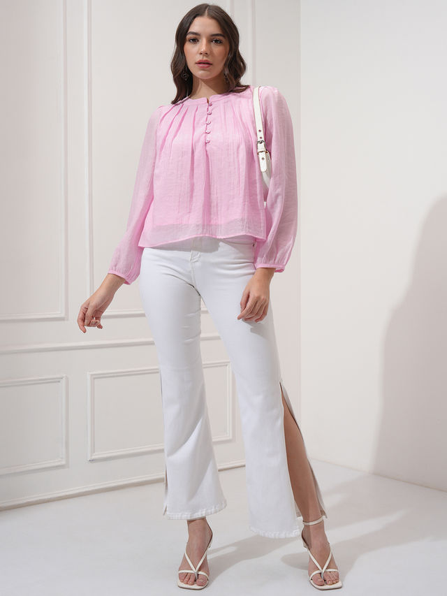 Buy Tokyo Talkies Women's Solid Bishop Sleeve Pleated Top | Pink