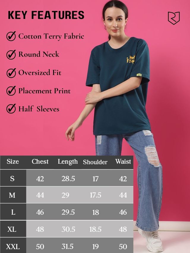 Rigo Women Terry Oversized Back Printed T-shirt | Teal - L