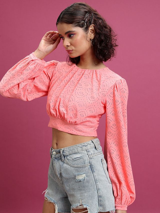 Ketch Women's Self Design Round Neck Bishop Sleeves Blouson Crop Top | Pink - S