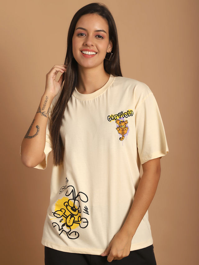 Fabflee Women Oversize Cotton Printed Round Neck Tshirt | Beige | FAB-OS-515 | M