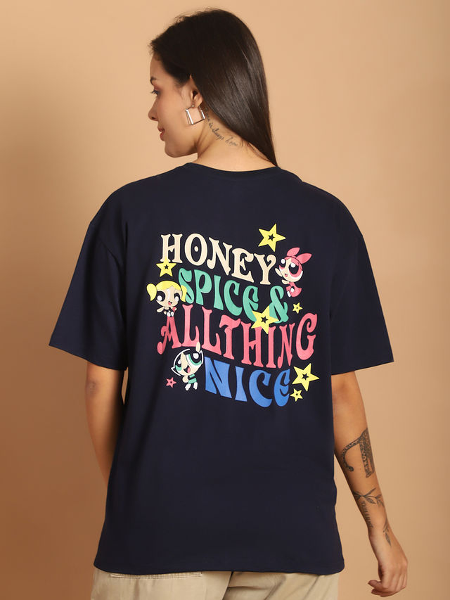 Fabflee Women Oversize Cotton Printed Round Neck Tshirt | Dark Blue | FAB-OS-506 | XL