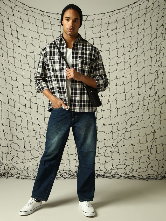 Hubberholme Men's Tartan Checked Double Pockets Textured Oversized Casual Shirt | Multicolor - 44