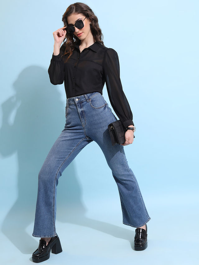 Tokyo Talkies Women's Collar Puff Sleeve Shirt Style Top | Black - S