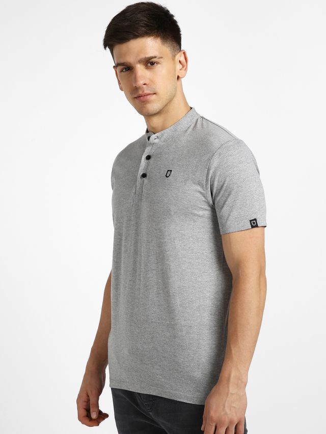 Urbano Fashion Men's Grey Melange Solid Mandarin Collar Slim Fit Half Sleeve Cotton T-Shirt-M