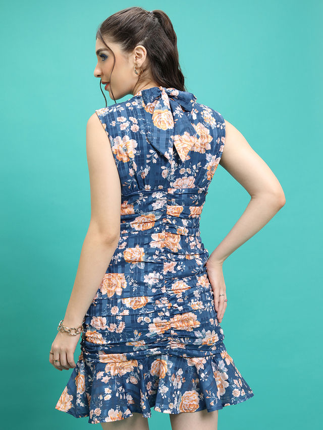 Tokyo Talkies Women's Floral Printed Fit and Flare Maxi Dress | Navy and Multicolour - M