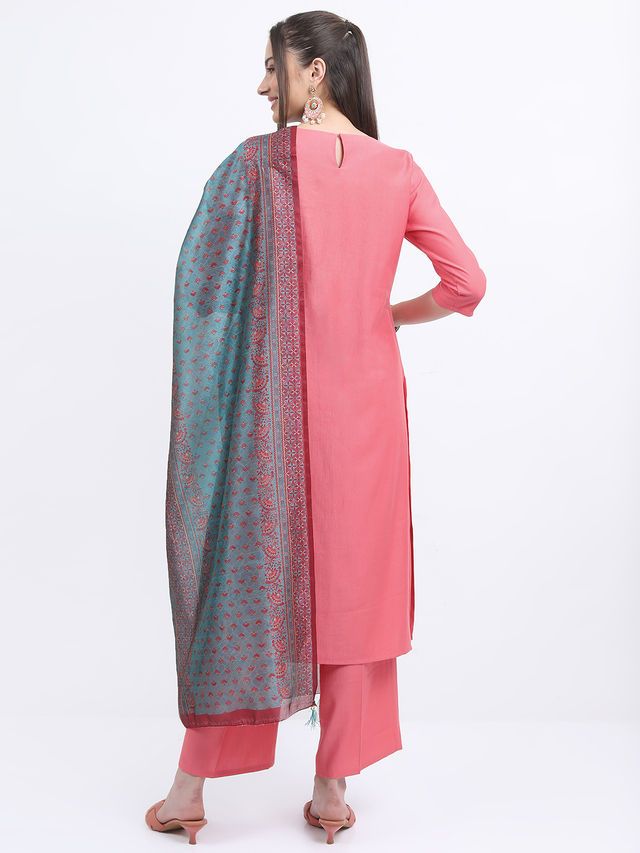 KETCH Women's Ethnic Motifs Printed Round Neck Kurta & Palazzos with Dupatta | Coral - S