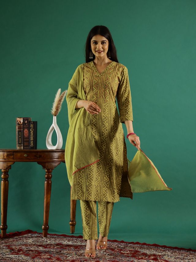 Rangdeep Geometric Printed Kantha Work Kurta with Trouser & Dupatta for Women s | Green | L