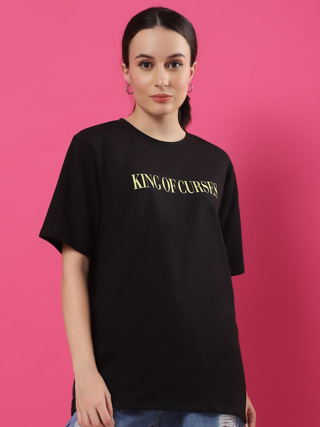Rigo Women Terry Oversized Printed T-shirt | Black - L