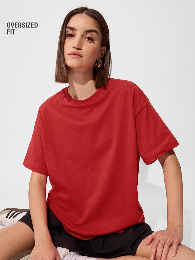 The Souled Store Women's Solids Rouge Red Oversized T-shirt | Red - XL