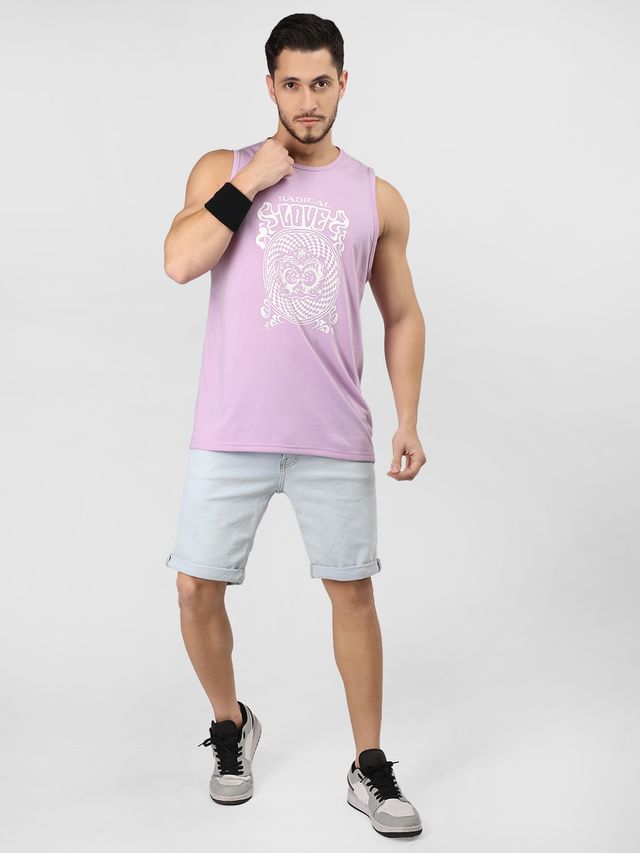Chkokko Men Gym Regular Fit Tank Tops Sports Sleeveless Printed Vest Lavender | Size M
