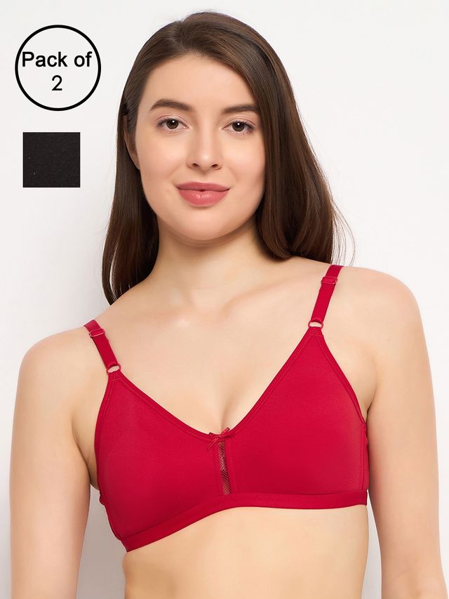 Clovia Women Non-Padded Non-Wired Full Coverage Bra - Cotton | Red and Black | 40B