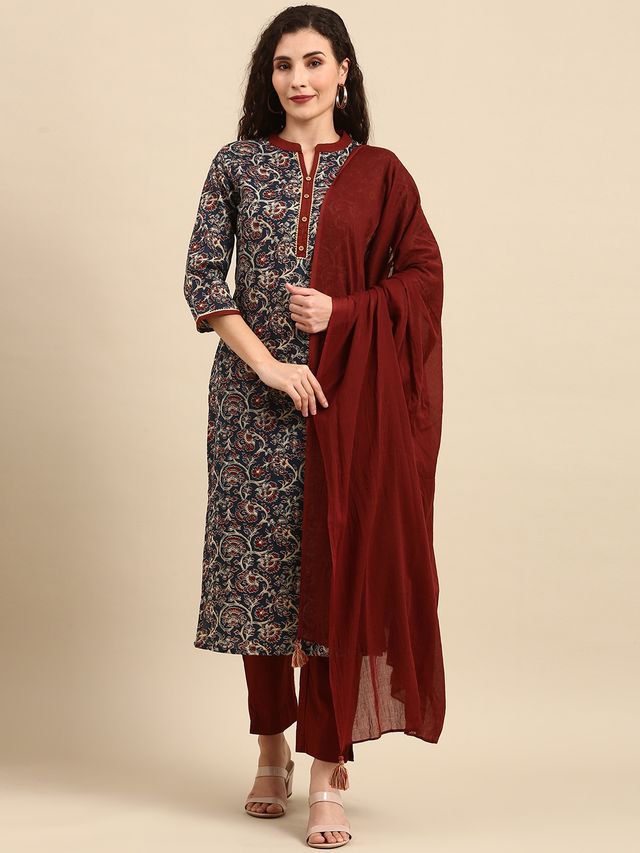 Janasya Women's Teal Blue Pure Cotton Floral Printed Kurta with Pant and Dupatta | XL