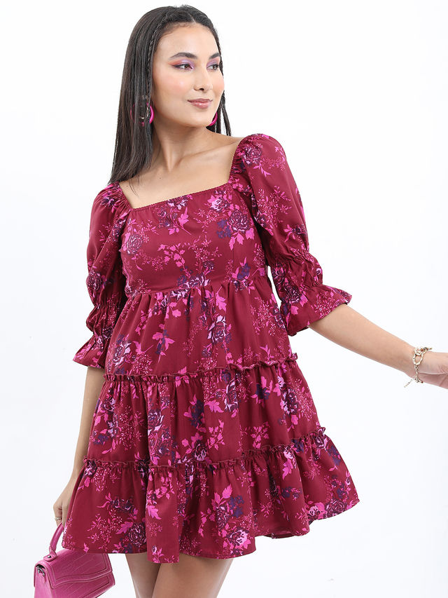 Tokyo Talkies Floral Printed Square Neck Fit And Flare Mini Dress | Violet - XL