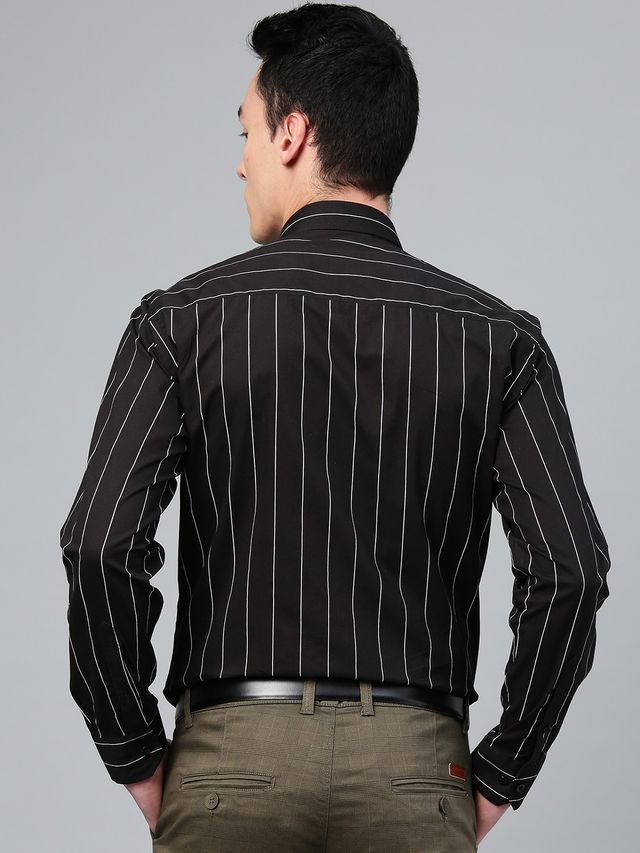 Hancock Men Black Striped Pure Cotton Slim Fit Formal Shirt-44