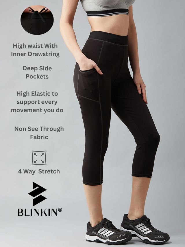 Blinkin Women's 3/4 Gym Tights - Black | Grey | With Side Pockets | Perfect For Yoga | L