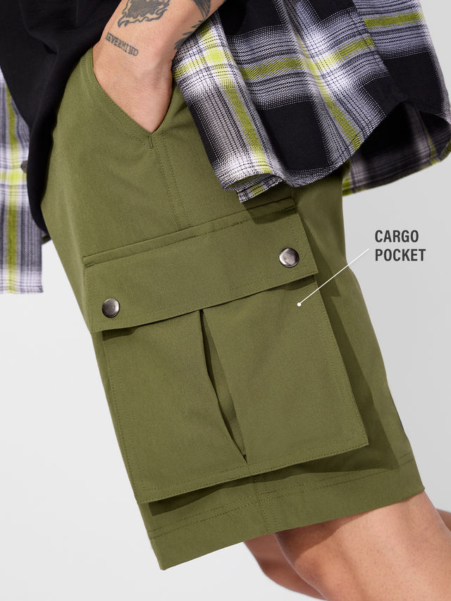 The Souled Store Men's Solids Cargo Shorts | Military Olive - L