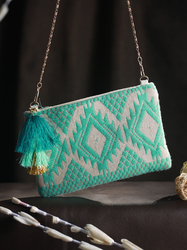 Priyaasi Women's Fabric Zipper Pouch | Gold and Green