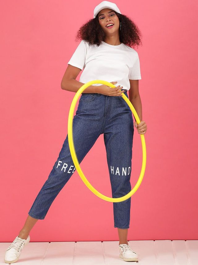 Freehand Women's Mid-Rise Knee Slash Mom Fit Jeans | Blue - 30