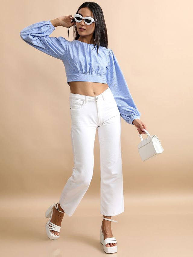 Ketch Women's Self Design Round Neck Crop Top | Blue - XL