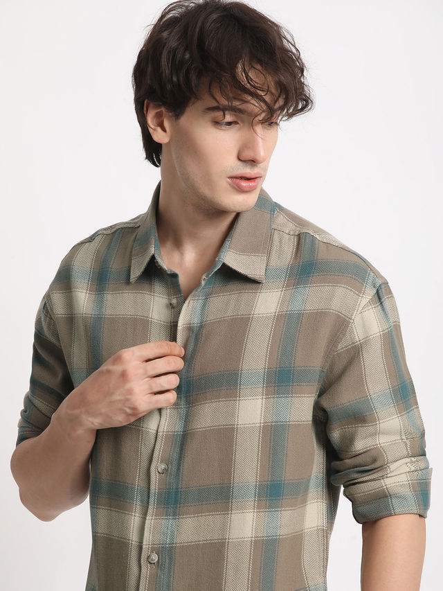 THE BEAR HOUSE Men's Checked Relaxed Fit Casual Shirt | TBH-BITON-BR | Brown - XXL