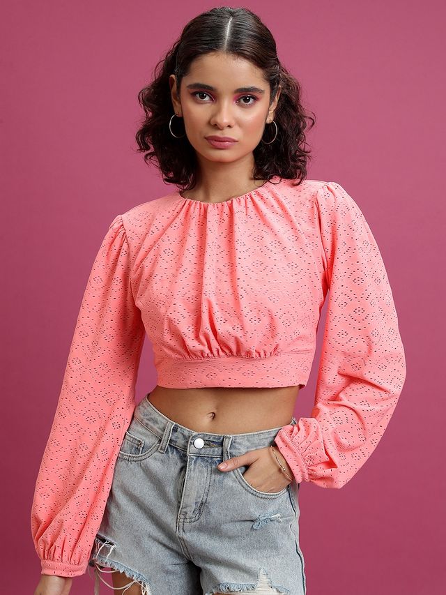 Ketch Women's Self Design Round Neck Bishop Sleeves Blouson Crop Top | Pink - S