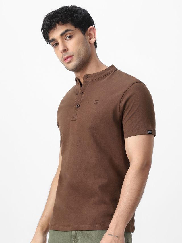 Urbano Fashion Men's Slim Fit Solid Mandarin Collar Half Sleeve Cotton T-Shirt | Cocoa Brown - XL