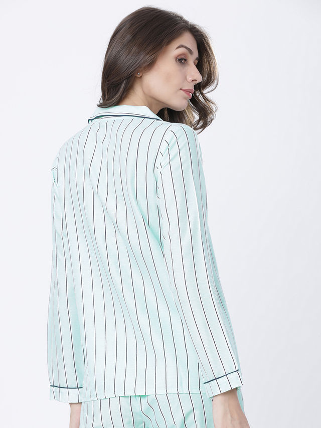 Tokyo Talkies Women's Striped Casual Shirt | Mint and Navy Blue - XL