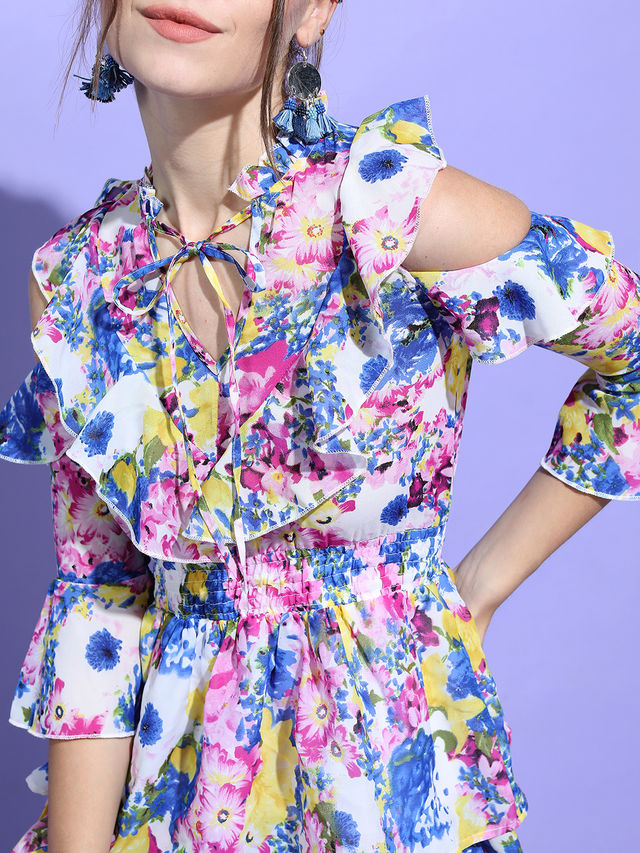 Tokyo Talkies Women's Floral Tiered Ruffled Dress | Pink And Blue - M