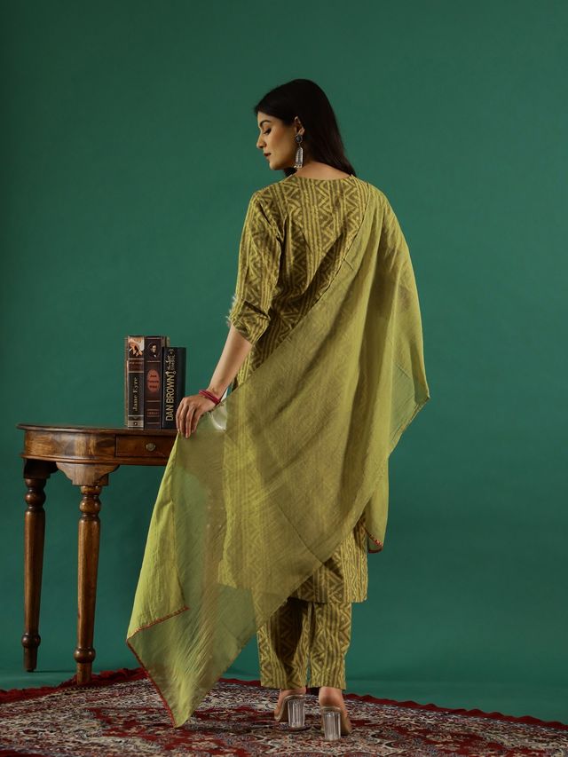 Rangdeep Geometric Printed Kantha Work Kurta with Trouser & Dupatta for Women s | Green | L