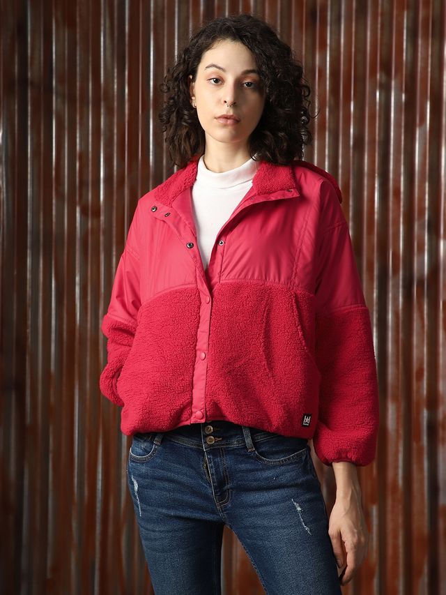 High Star Women's Self Design Hooded Front-Open Sweatshirt | Red - L