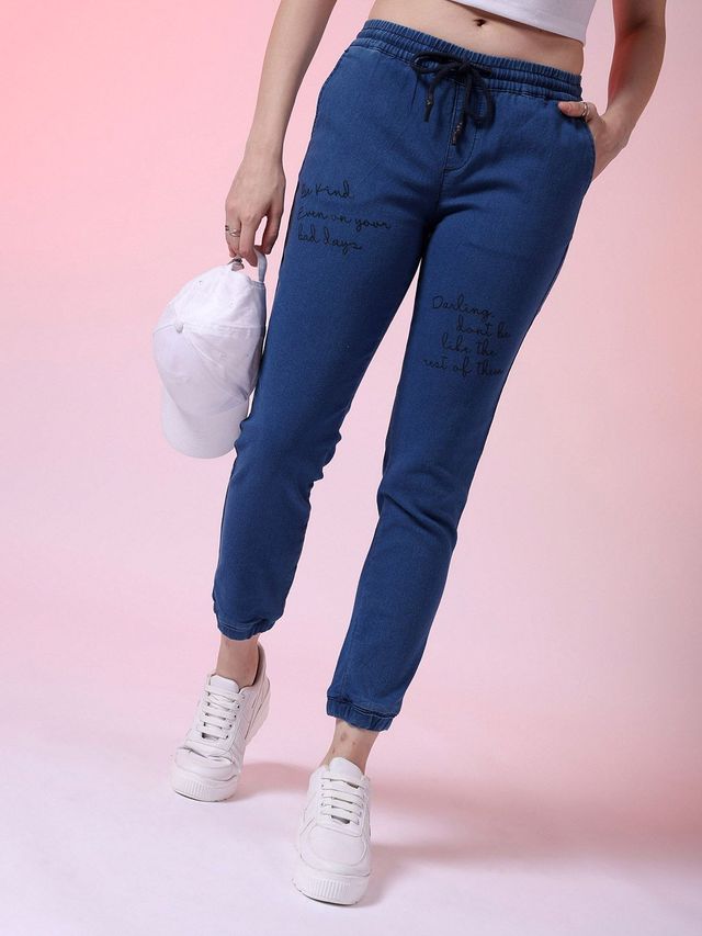 Freehand Women's Mid-Rise Medium Washed Printed Joggers With Elasticated Drawstring | Blue - 28
