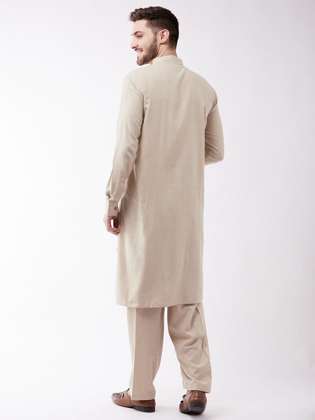 Vastramay Men's Cotton Blend Kurta and Patiala Set | Beige - M