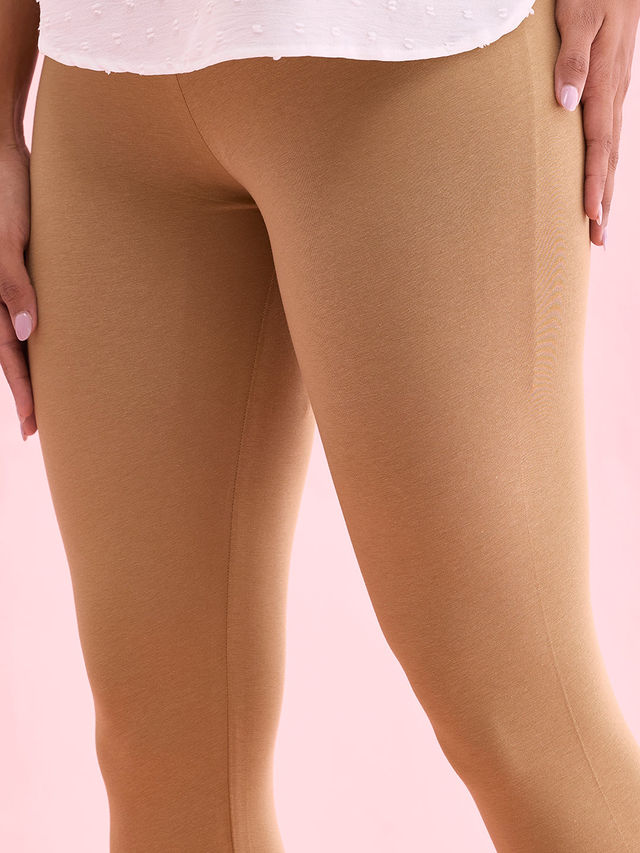 Go Colors Women's Solid Mid Rise Ankle Length Leggings | Beige - L