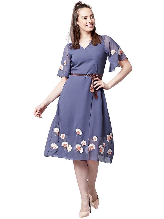 Athena Women's Solid Wrap Dress with Belt | Blue - S
